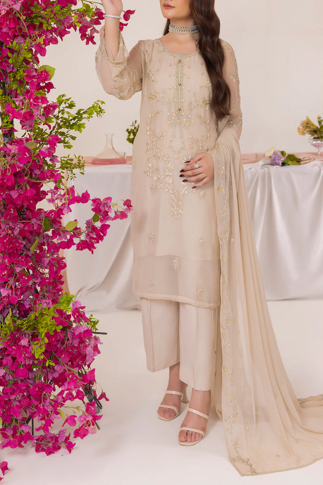 Solid Embroidered Chiffon Stitched 2 Piece Shirt Dupatta