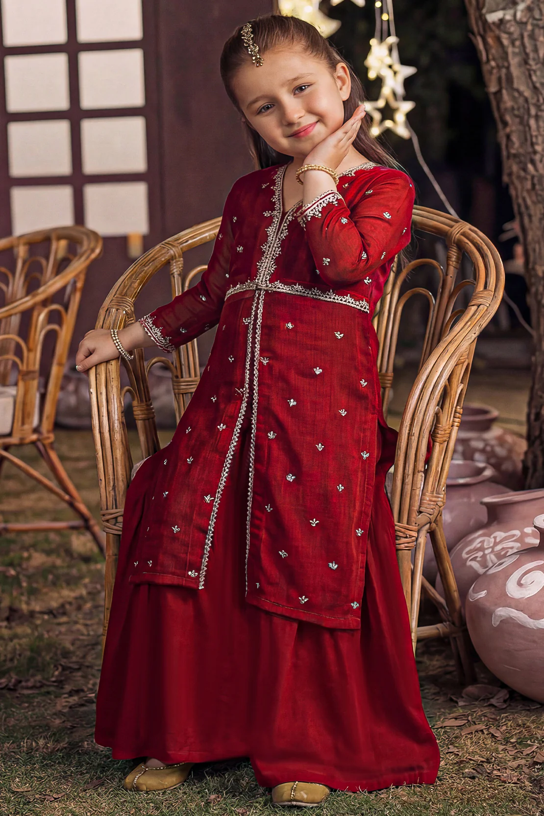 Solid Embroidered Chiffon Stitched 2 Piece (Shirt/Trouser) For Kids