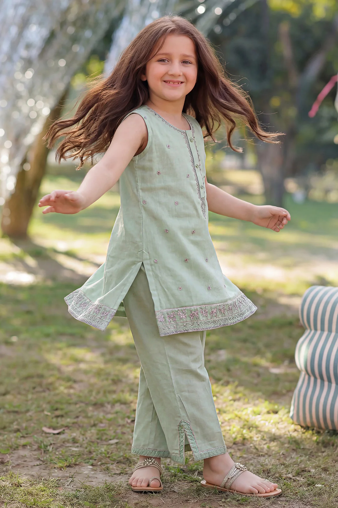 Solid Embroidered Chiffon Stitched 2 Piece (Shirt/Trouser) For Kids - Image 2