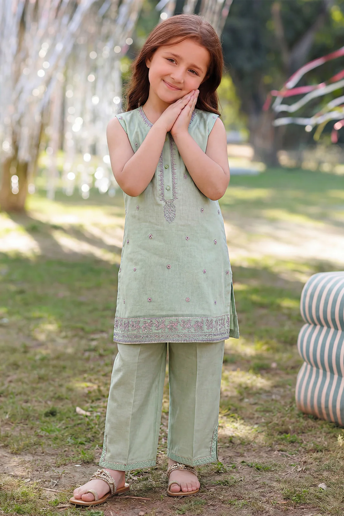 Solid Embroidered Chiffon Stitched 2 Piece (Shirt/Trouser) For Kids - Image 3