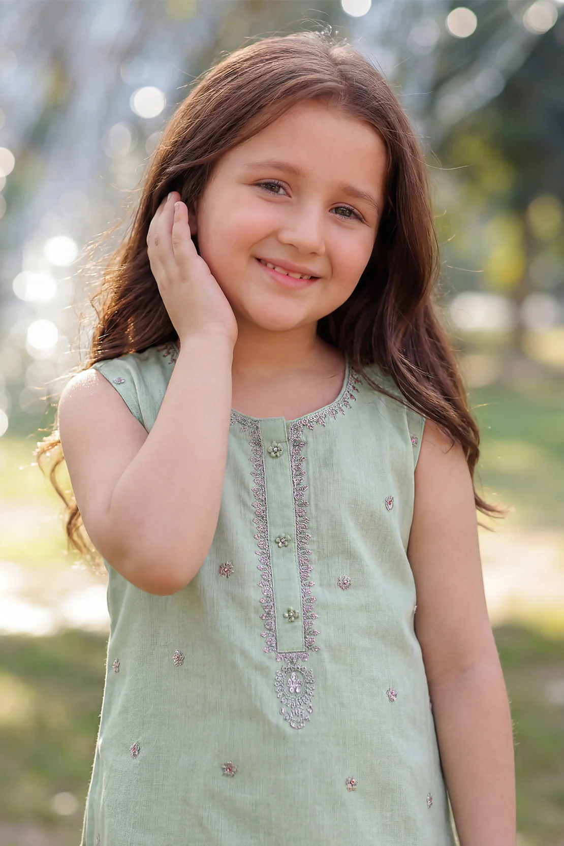 Solid Embroidered Chiffon Stitched 2 Piece (Shirt/Trouser) For Kids - Image 4