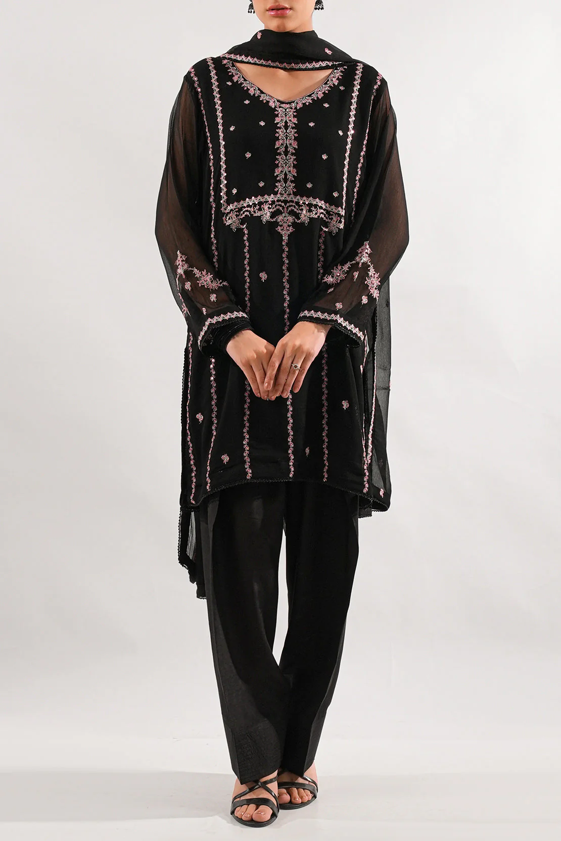 Solid Embroidered Chiffon Stitched 3 Piece - Image 2