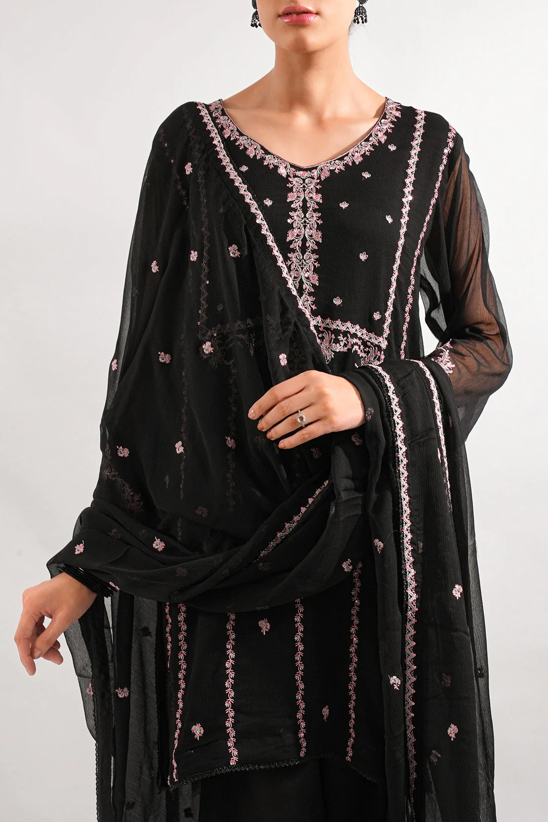 Solid Embroidered Chiffon Stitched 3 Piece - Image 3