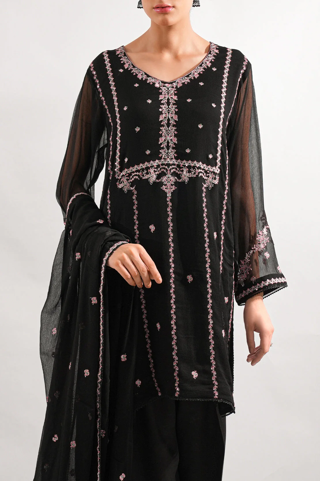 Solid Embroidered Chiffon Stitched 3 Piece - Image 4