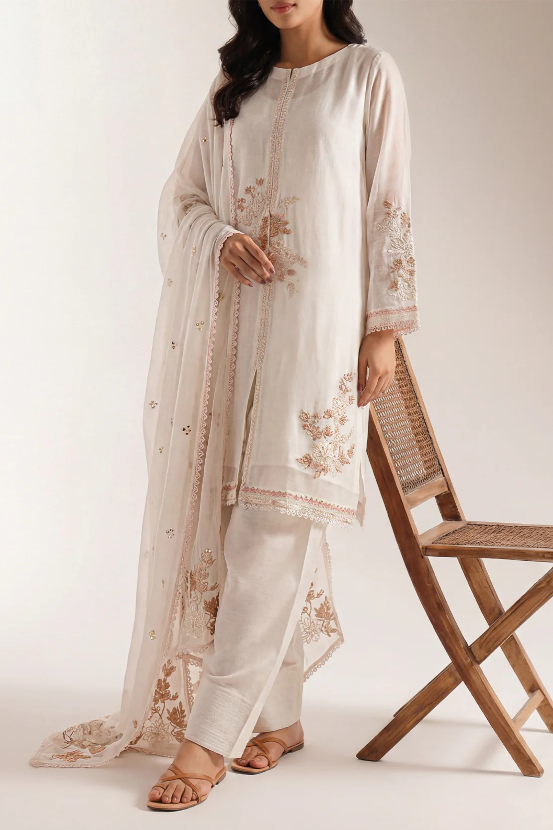 Solid Embroidered Chiffon Stitched 3 Piece