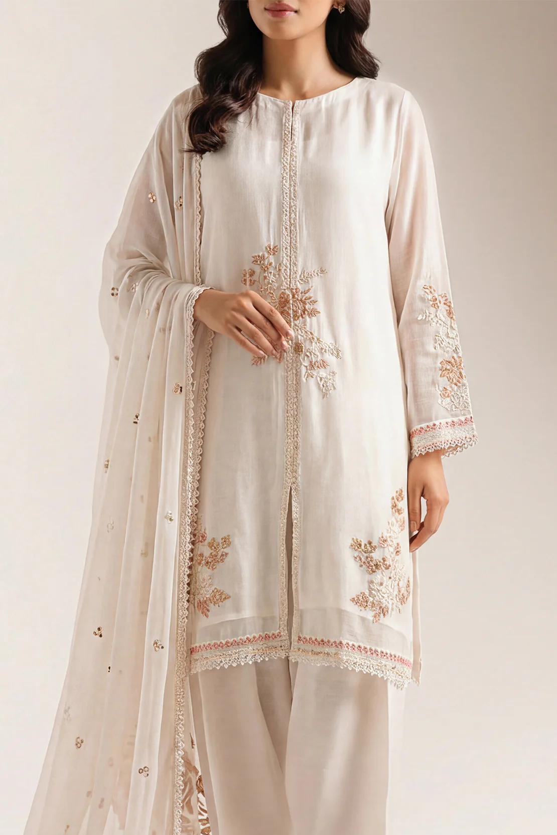Solid Embroidered Chiffon Stitched 3 Piece - Image 2