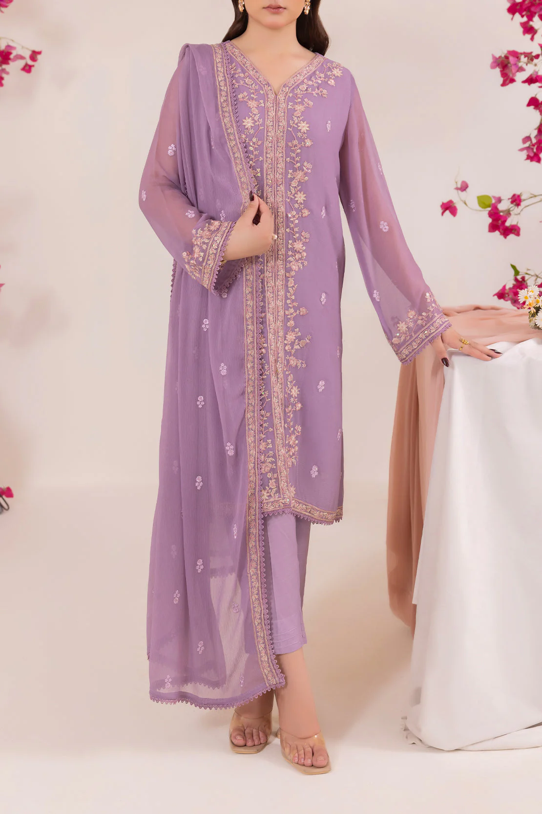 Solid Embroidered Chiffon Stitched 3 Piece
