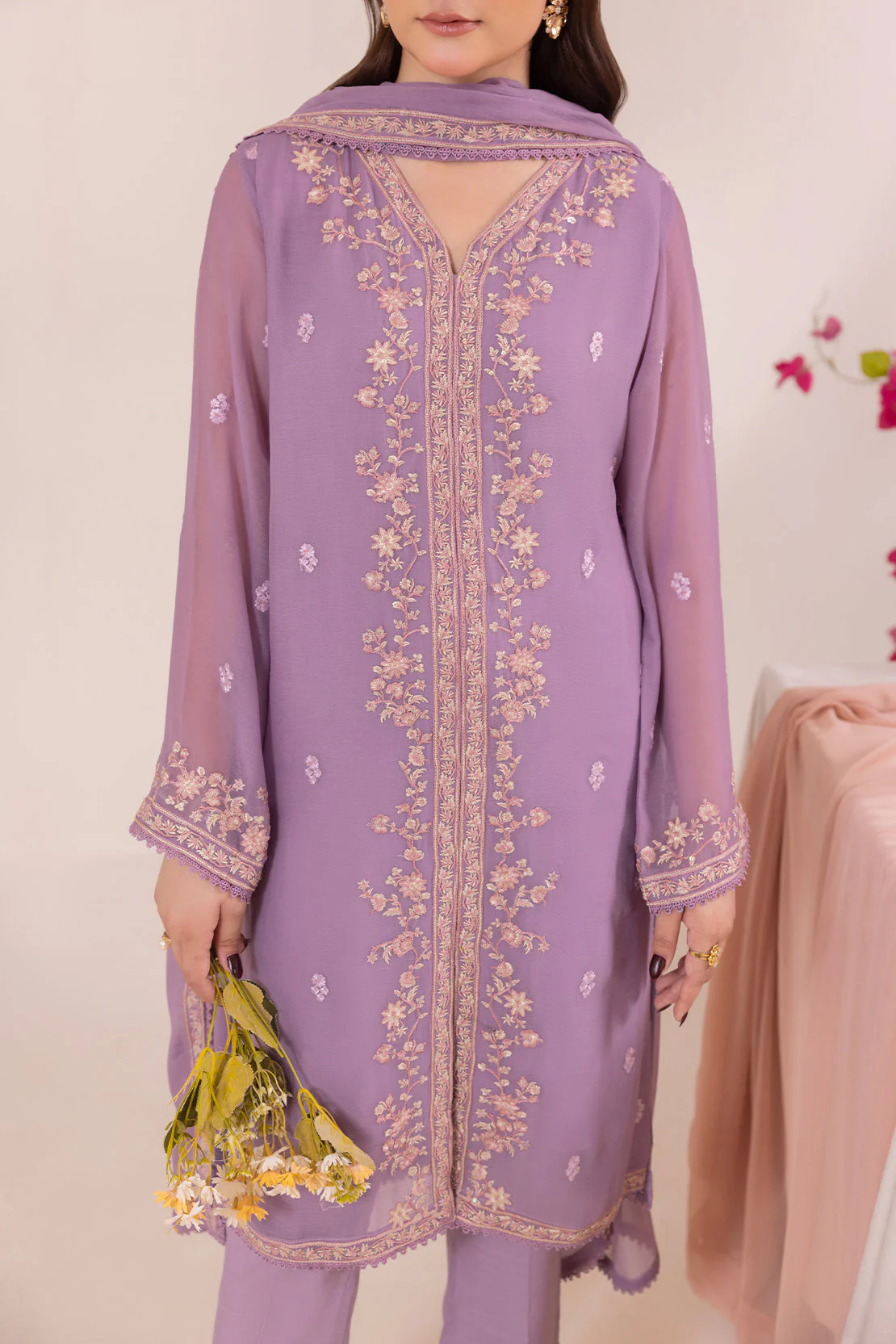 Solid Embroidered Chiffon Stitched 3 Piece - Image 2