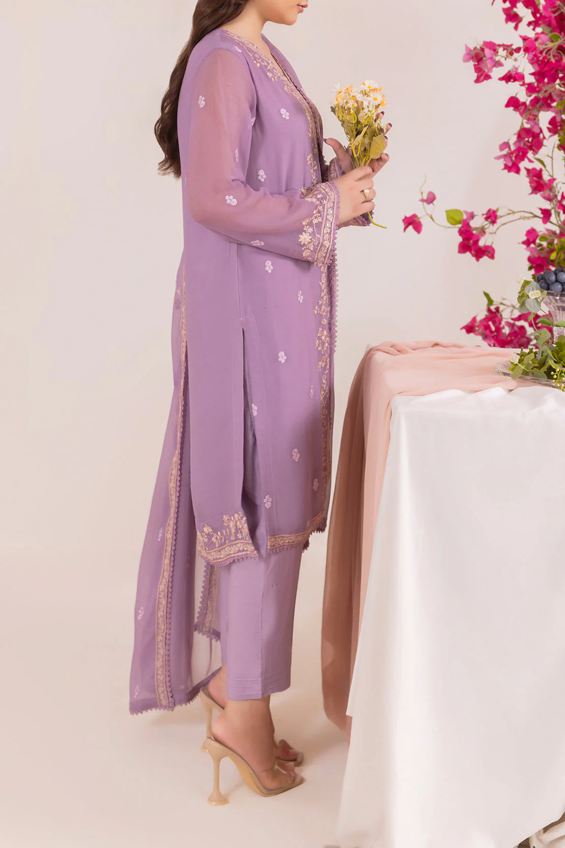 Solid Embroidered Chiffon Stitched 3 Piece - Image 3