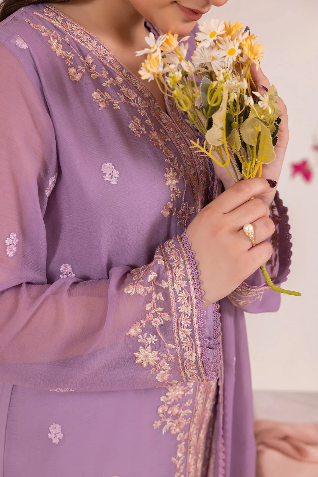 Solid Embroidered Chiffon Stitched 3 Piece - Image 4