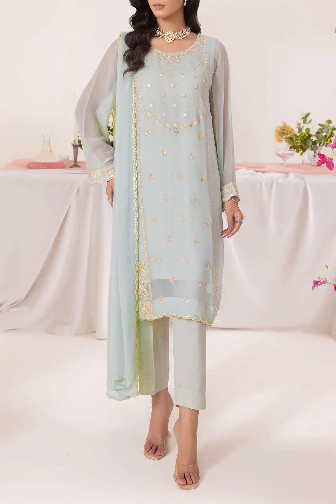 Solid Embroidered Chiffon Stitched 3 Piece