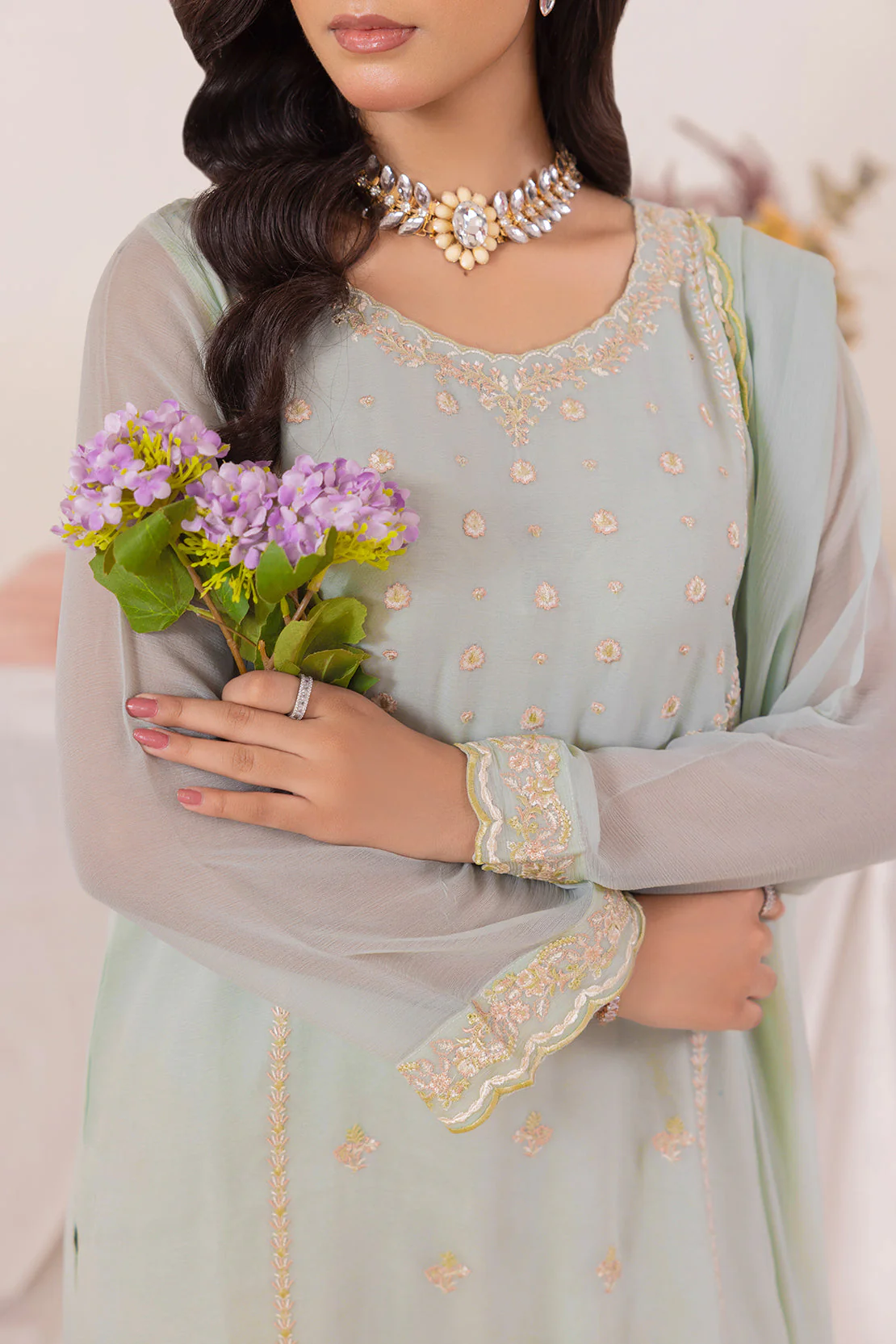 Solid Embroidered Chiffon Stitched 3 Piece - Image 2