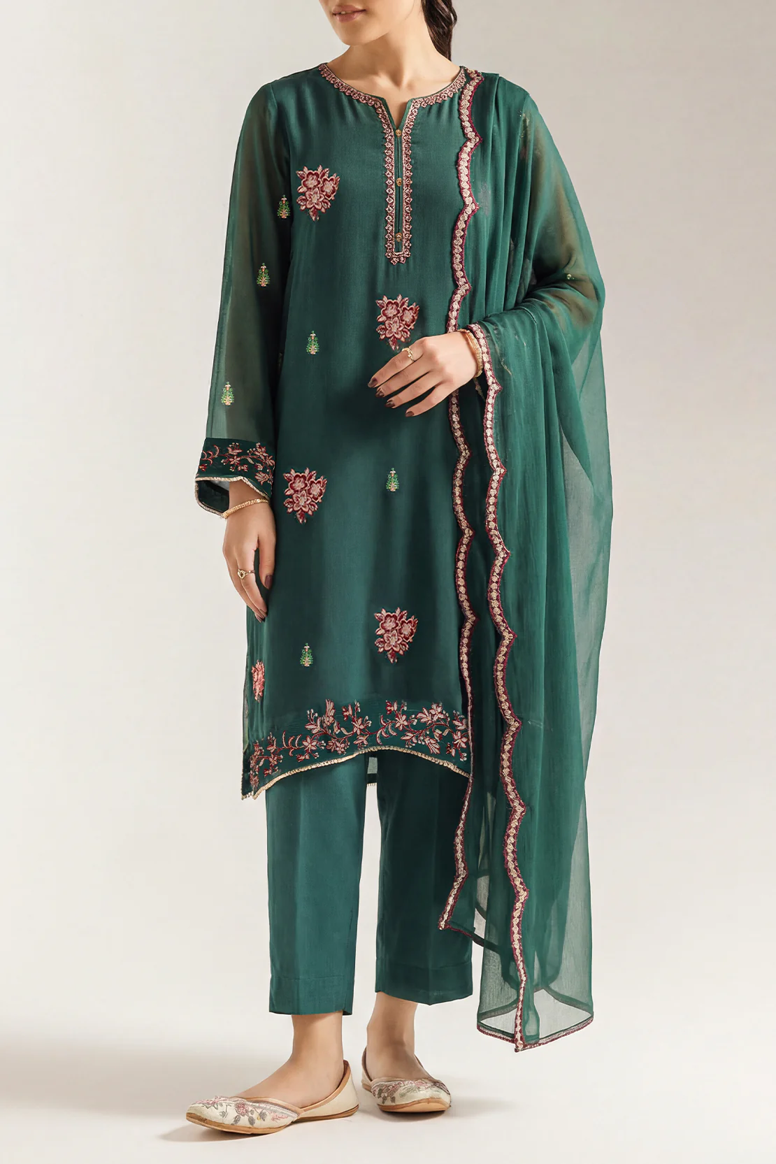 Solid Embroidered Chiffon Stitched 3 Piece
