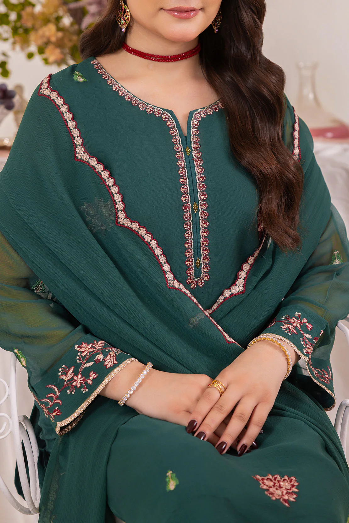 Solid Embroidered Chiffon Stitched 3 Piece - Image 2
