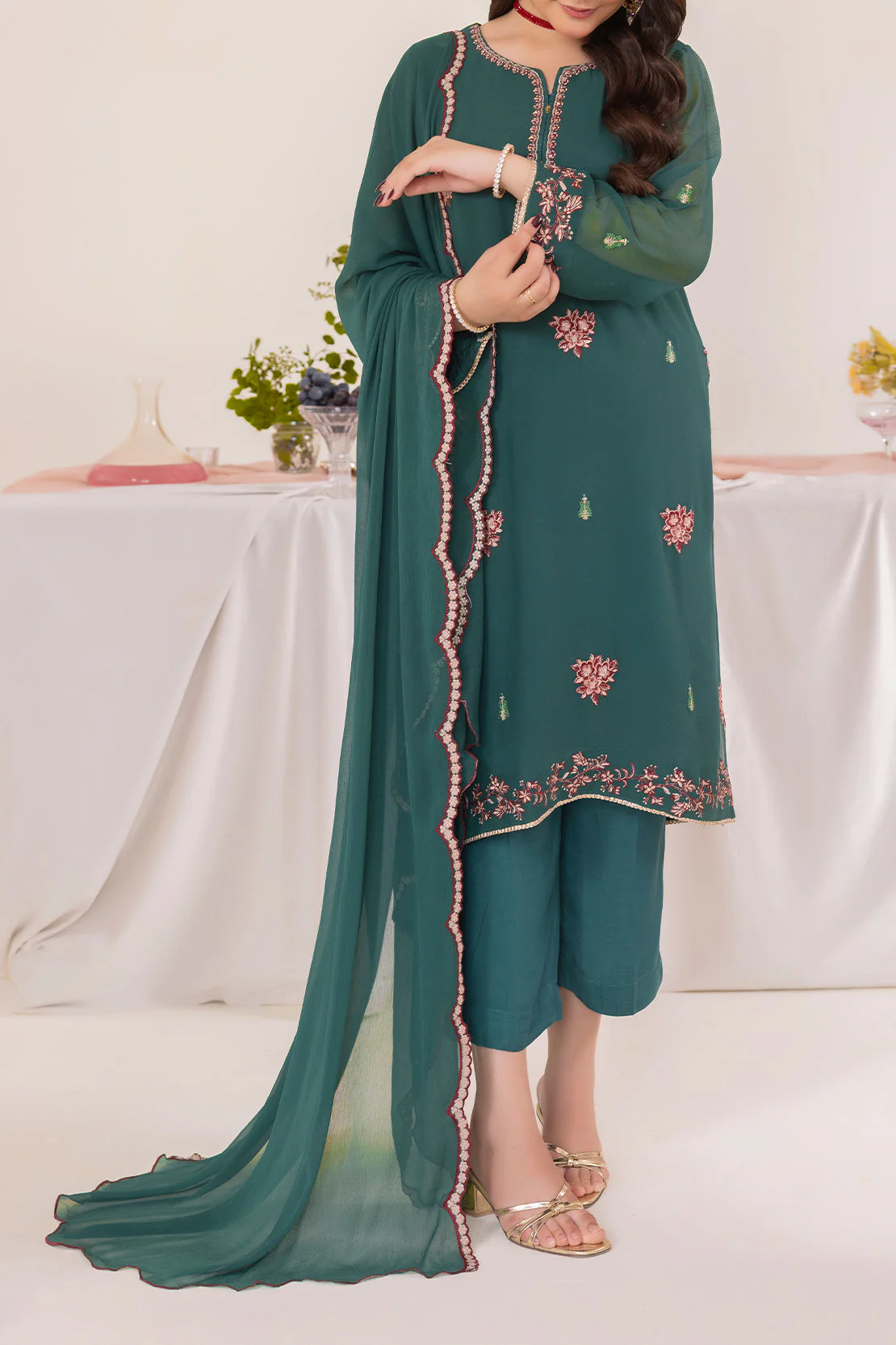Solid Embroidered Chiffon Stitched 3 Piece - Image 3