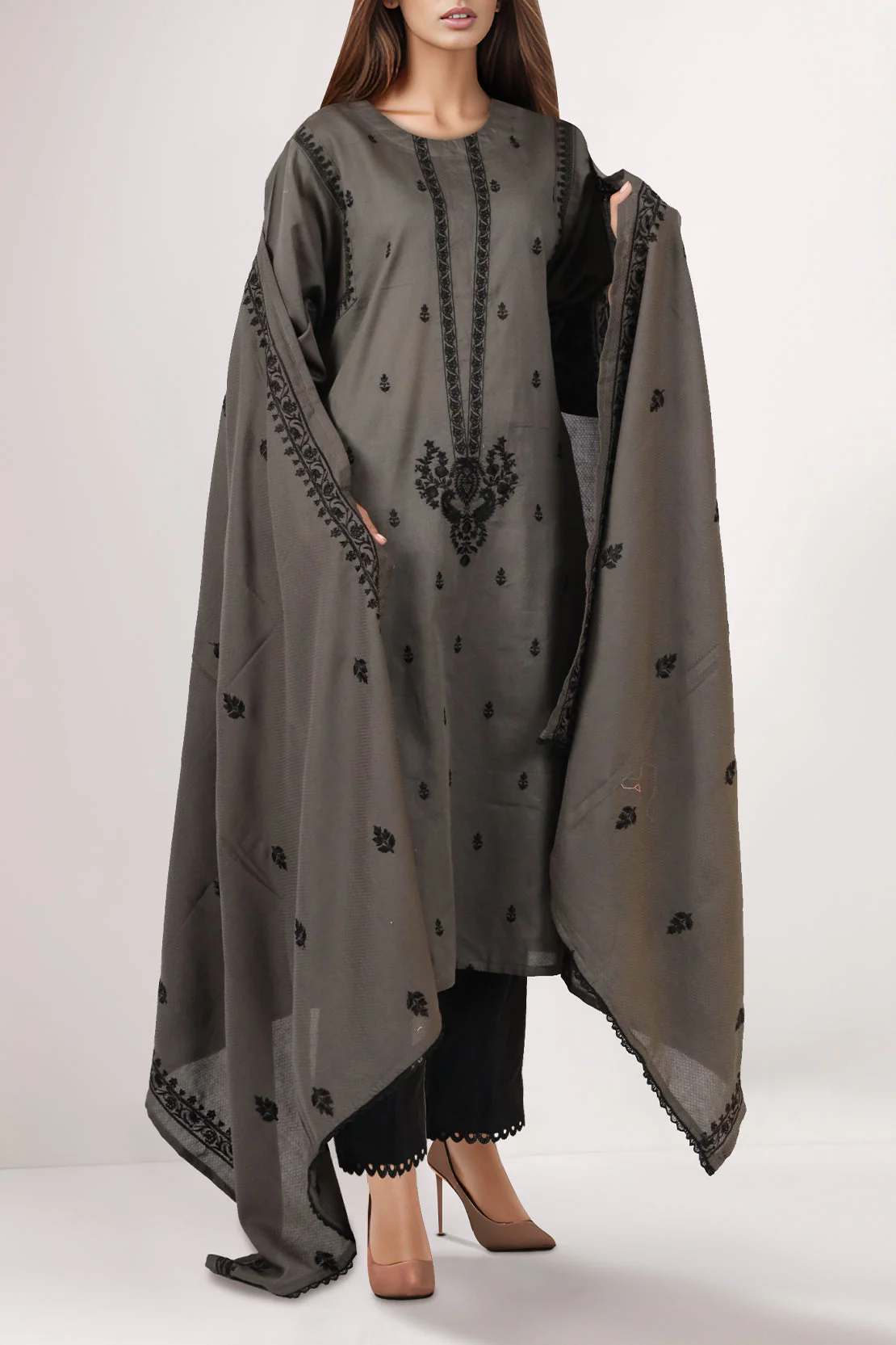 Solid Embroidered Cotton Dobby Stitched 3 Piece - Image 2