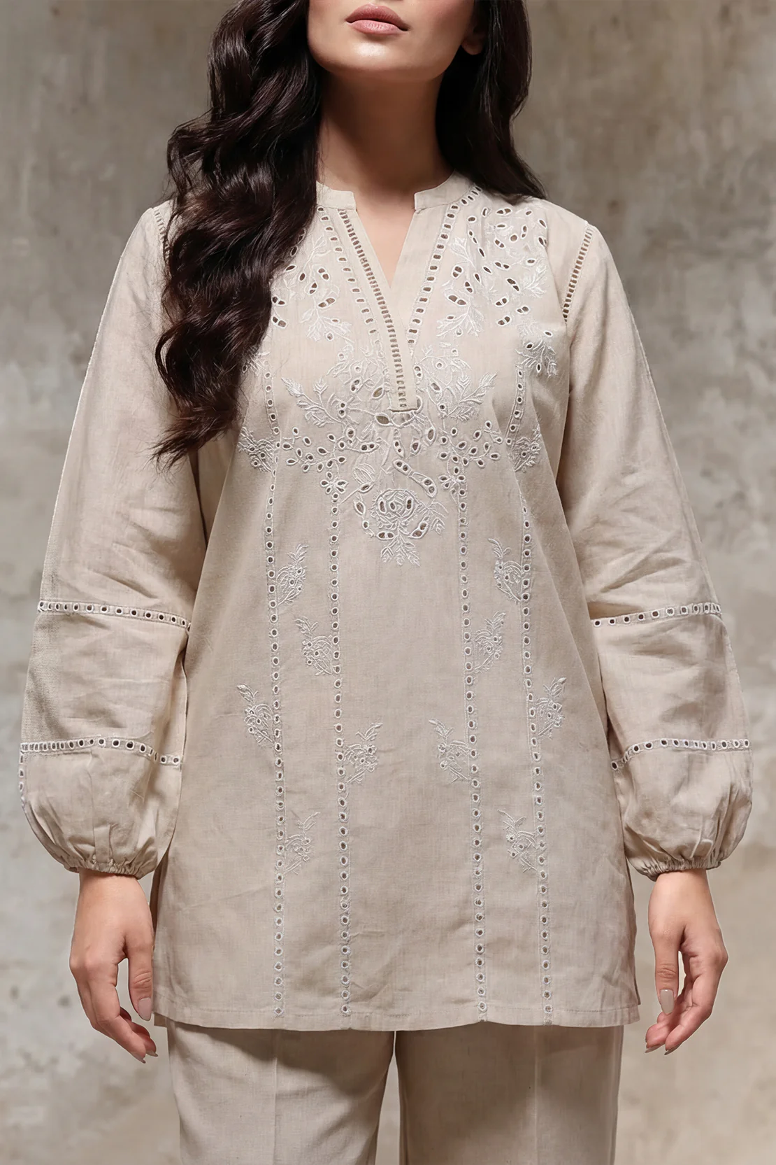 Solid Embroidered Cotton Linen Stitched 2 Piece (Shirt/Trouser) - Image 2