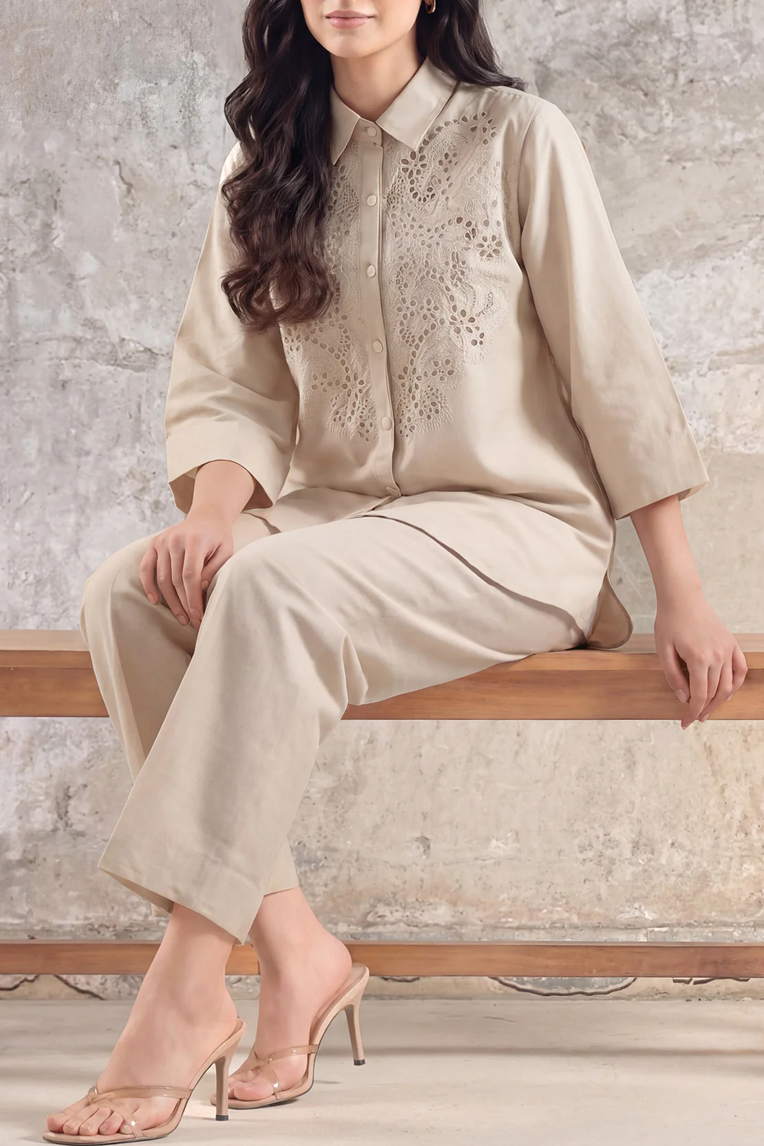 Solid Embroidered Cotton Linen Stitched 2 Piece (Shirt/Trouser) - Image 3