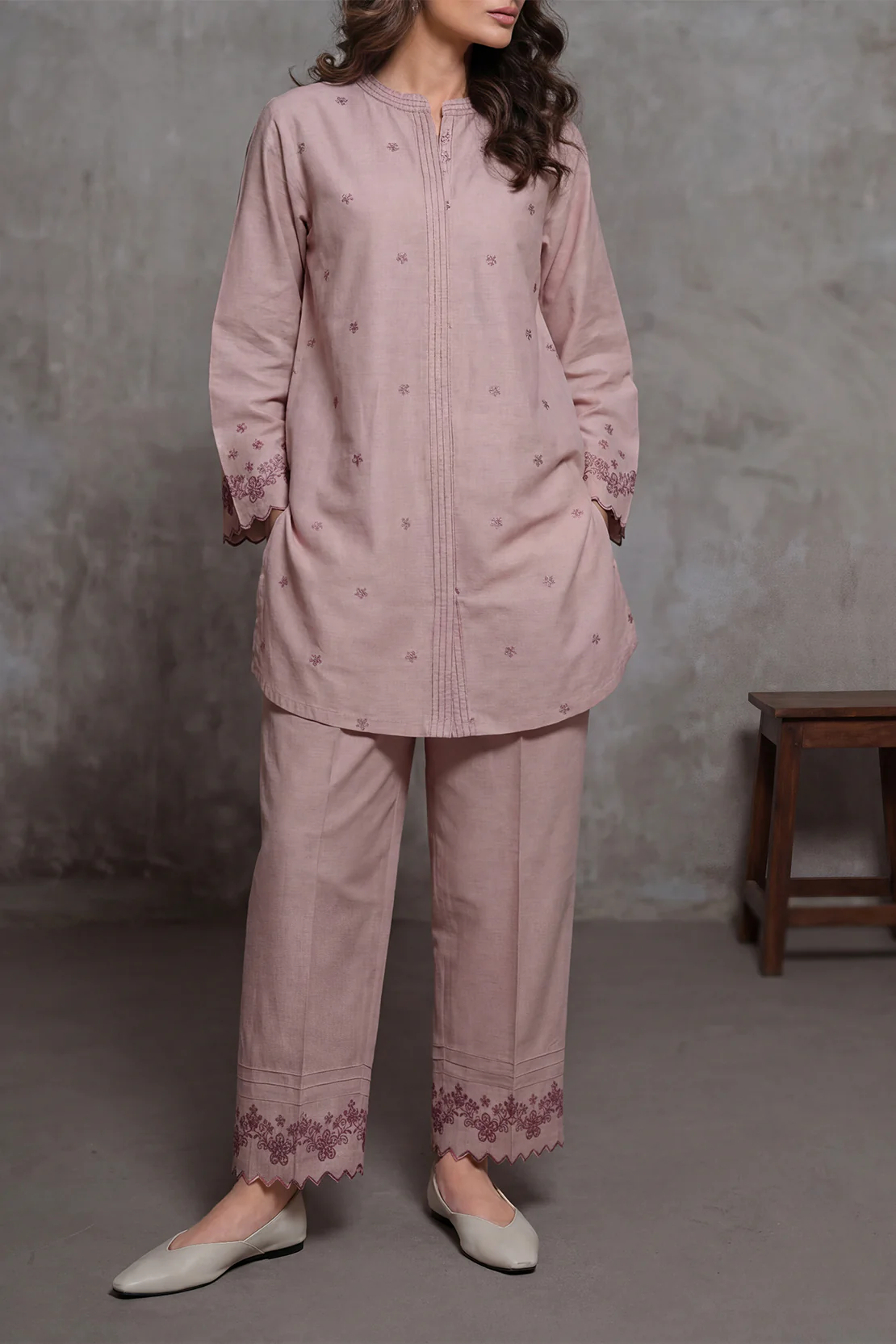 Solid Embroidered Cotton Linen Stitched 2 Piece (Shirt/Trouser)