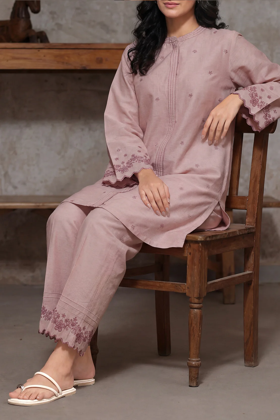 Solid Embroidered Cotton Linen Stitched 2 Piece (Shirt/Trouser) - Image 2