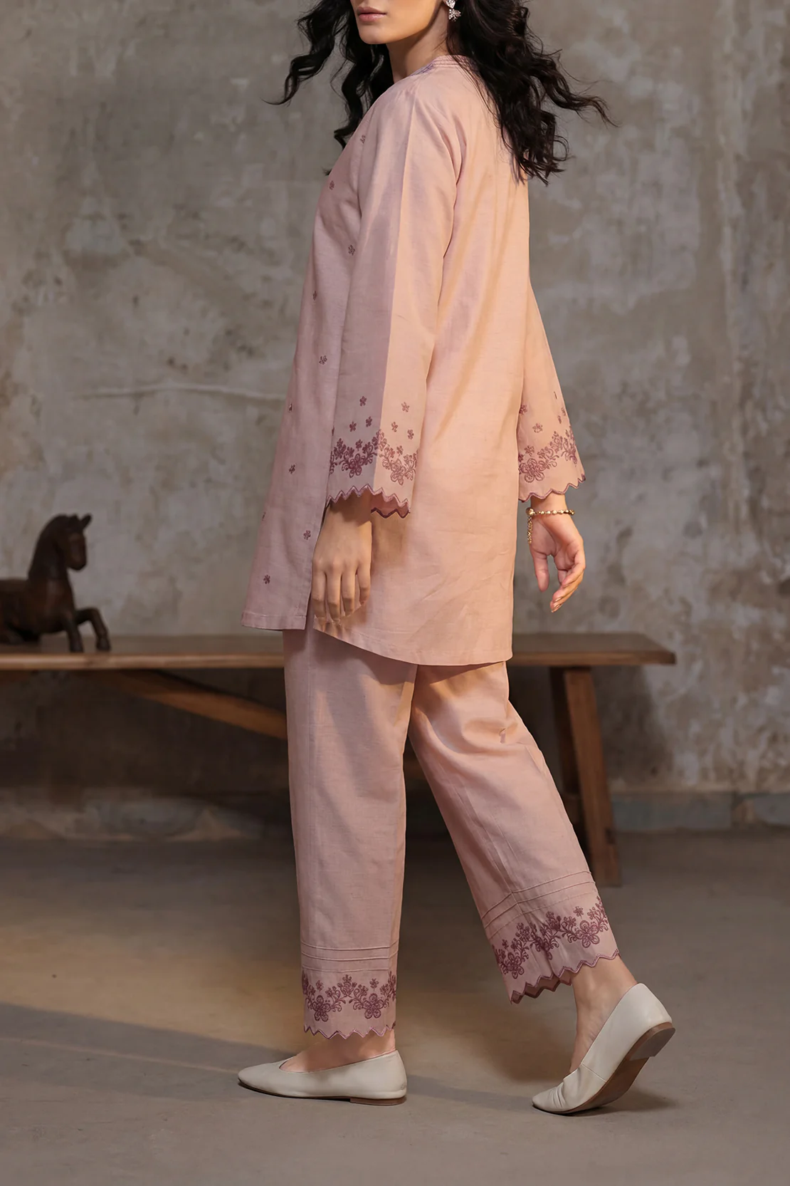 Solid Embroidered Cotton Linen Stitched 2 Piece (Shirt/Trouser) - Image 3