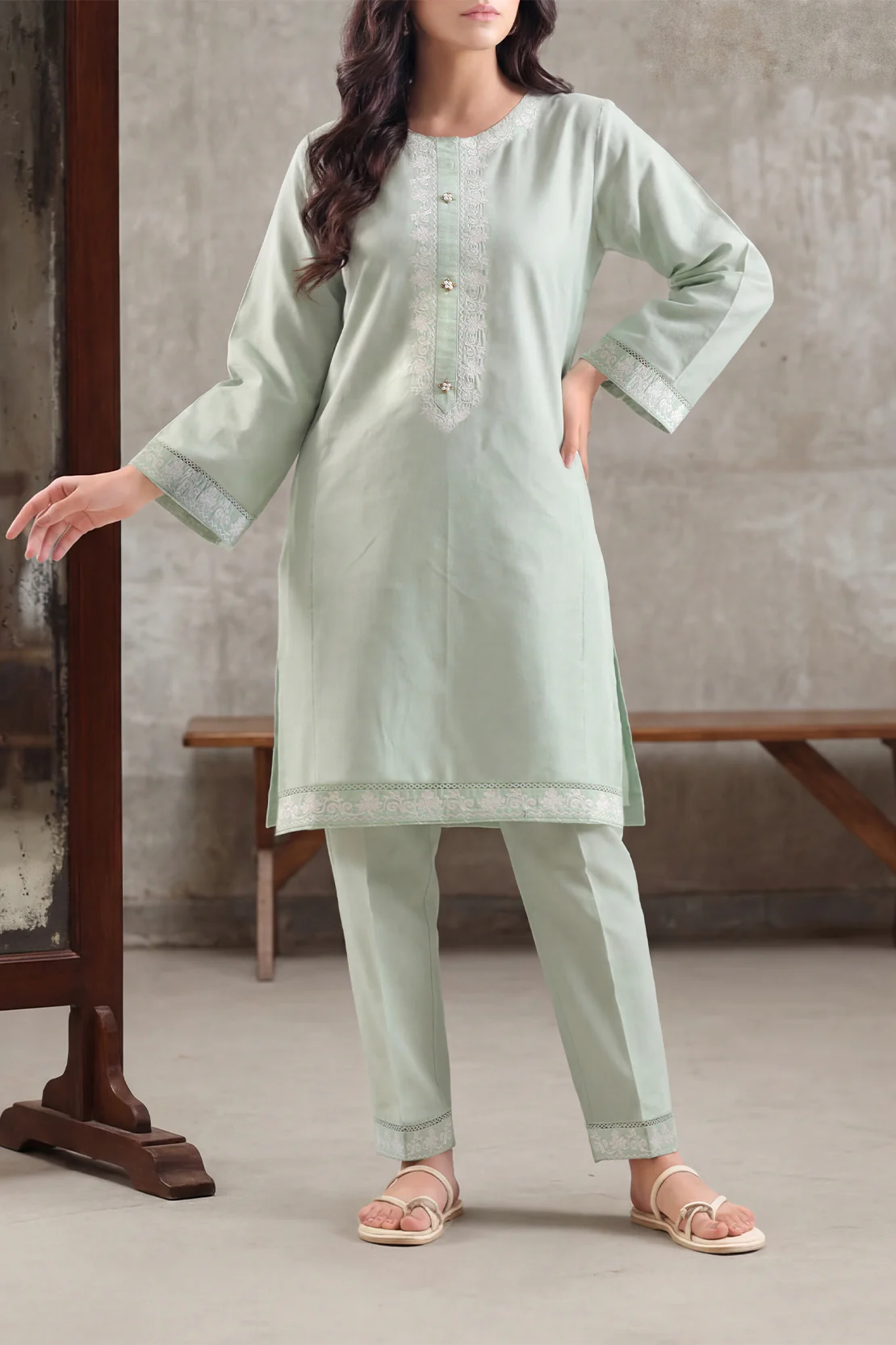 Solid Embroidered Cotton Linen Stitched 2 Piece (Shirt/Trouser) - Image 3