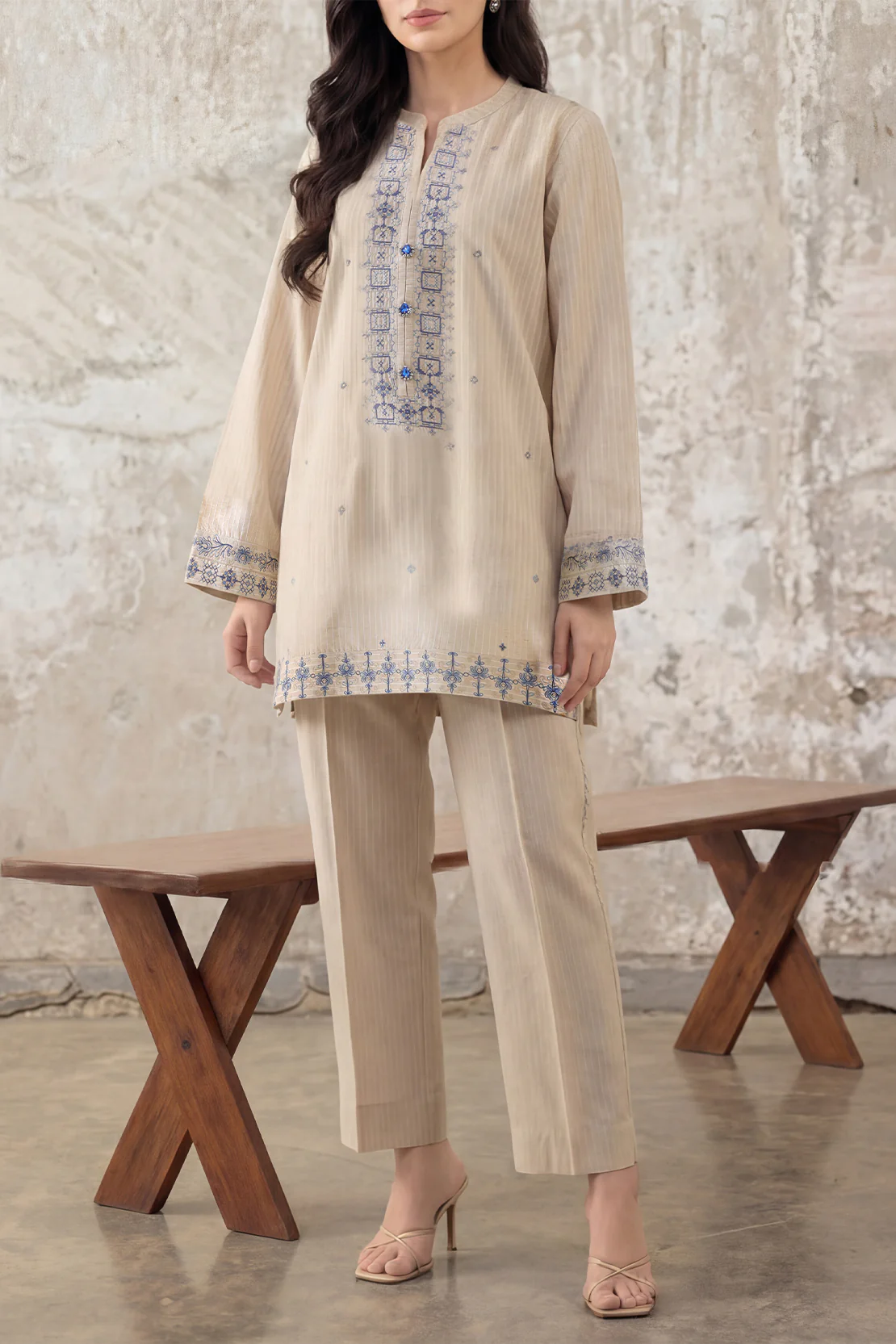 Solid Embroidered Cotton Linen Stitched 2 Piece (Shirt/Trouser)