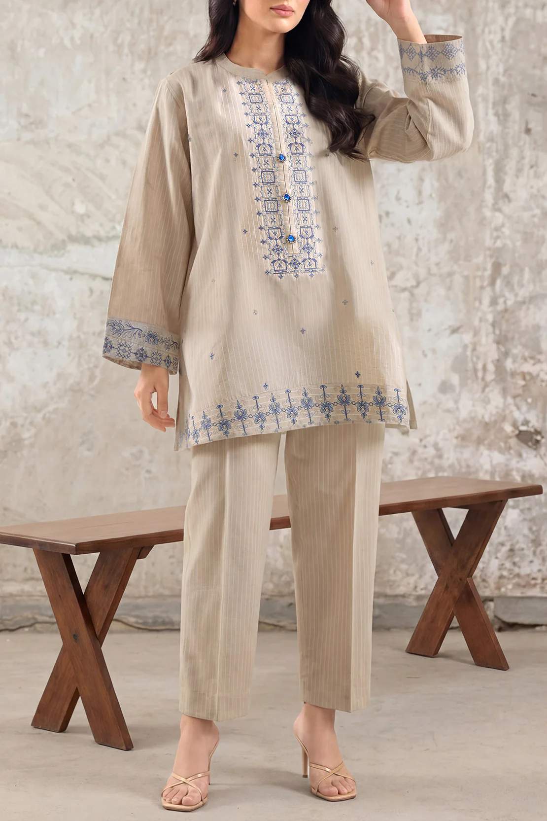 Solid Embroidered Cotton Linen Stitched 2 Piece (Shirt/Trouser) - Image 2