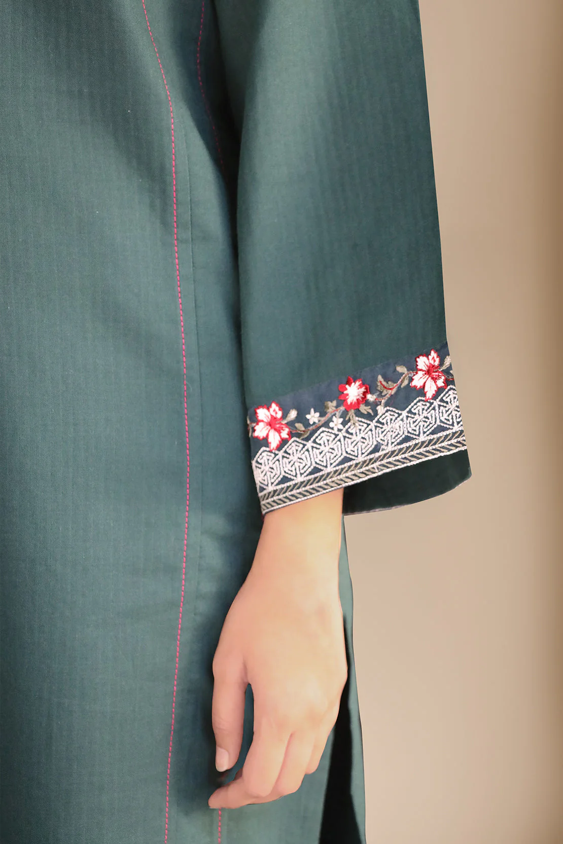 Solid Embroidered Cotton Stitched 2 Piece (Shirt/Trouser) - Image 3