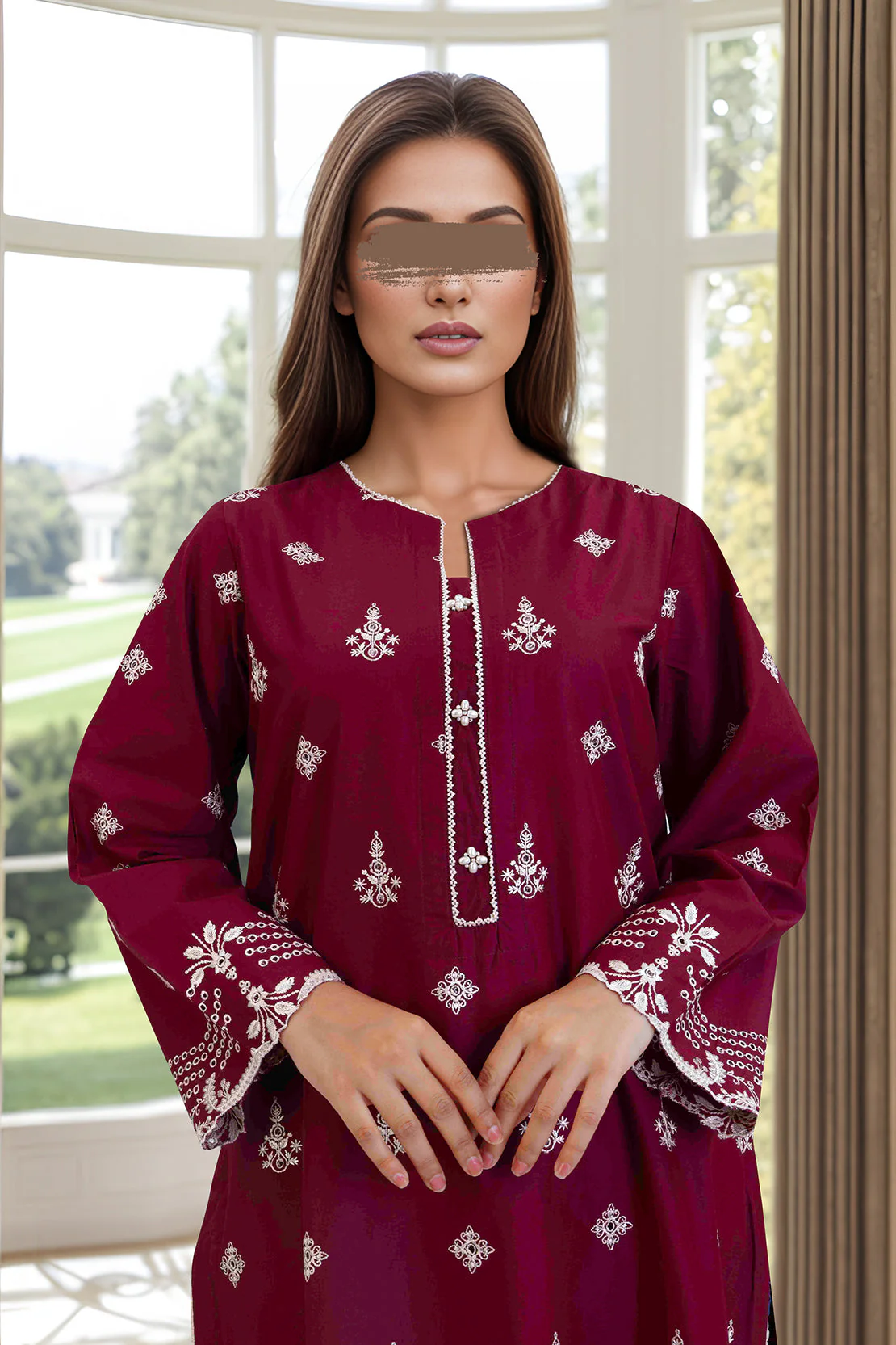 Solid Embroidered Cotton Stitched 2 Piece (Shirt/Trouser) - Image 2
