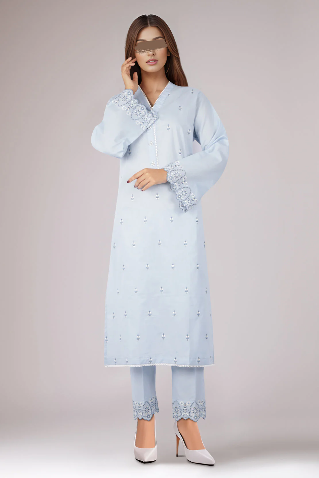 Solid Embroidered Cotton Stitched 2 Piece (Shirt/Trouser) - Image 3
