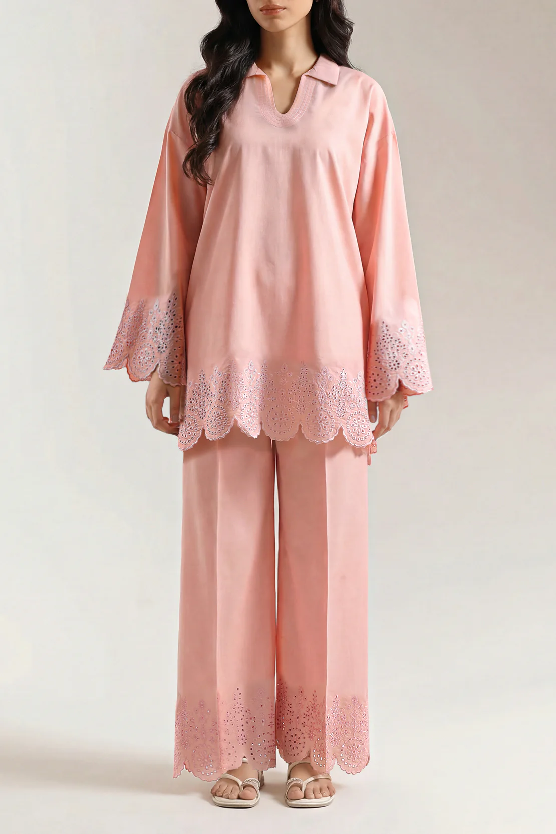 Solid Embroidered Cotton Stitched 2 Piece (Shirt/Trouser)