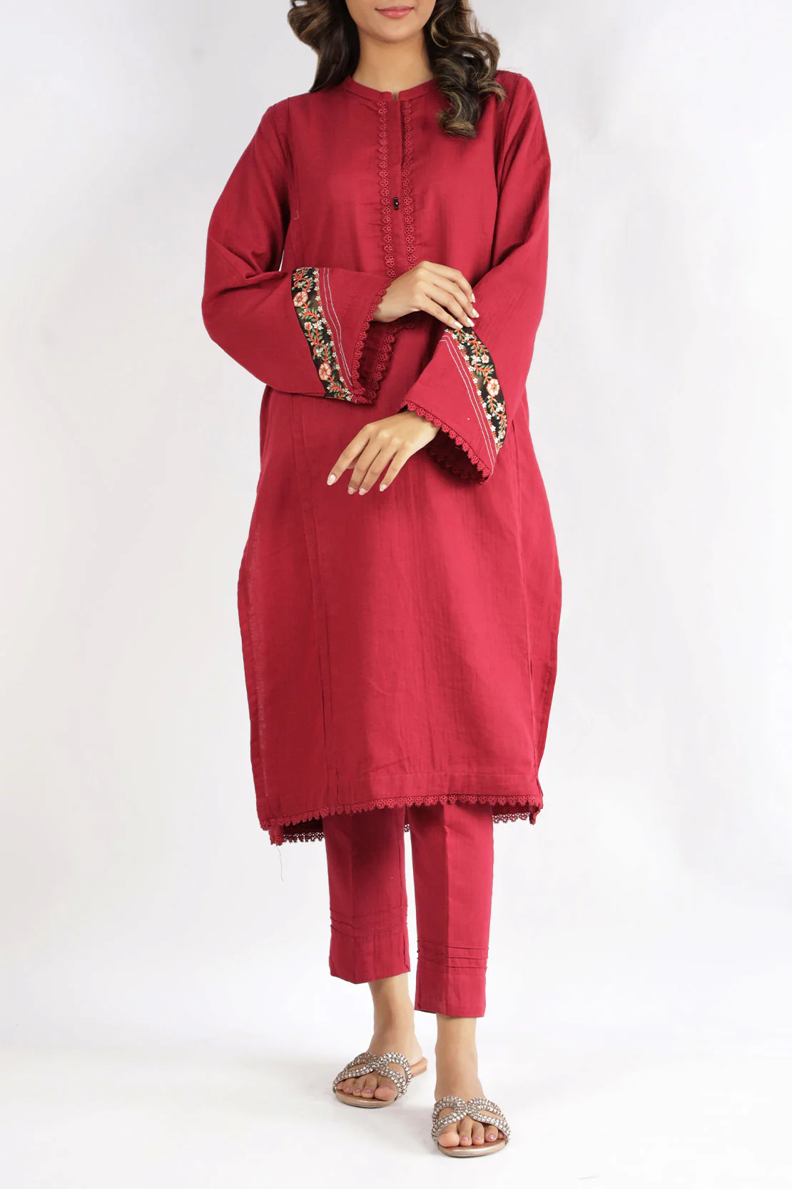 Solid Embroidered Cotton Stitched 2 Piece (Shirt/Trouser)
