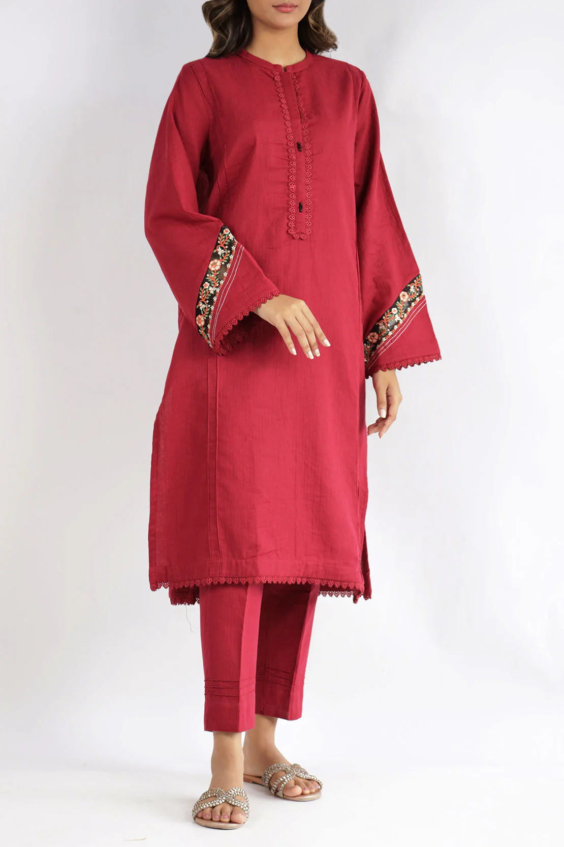 Solid Embroidered Cotton Stitched 2 Piece (Shirt/Trouser) - Image 3