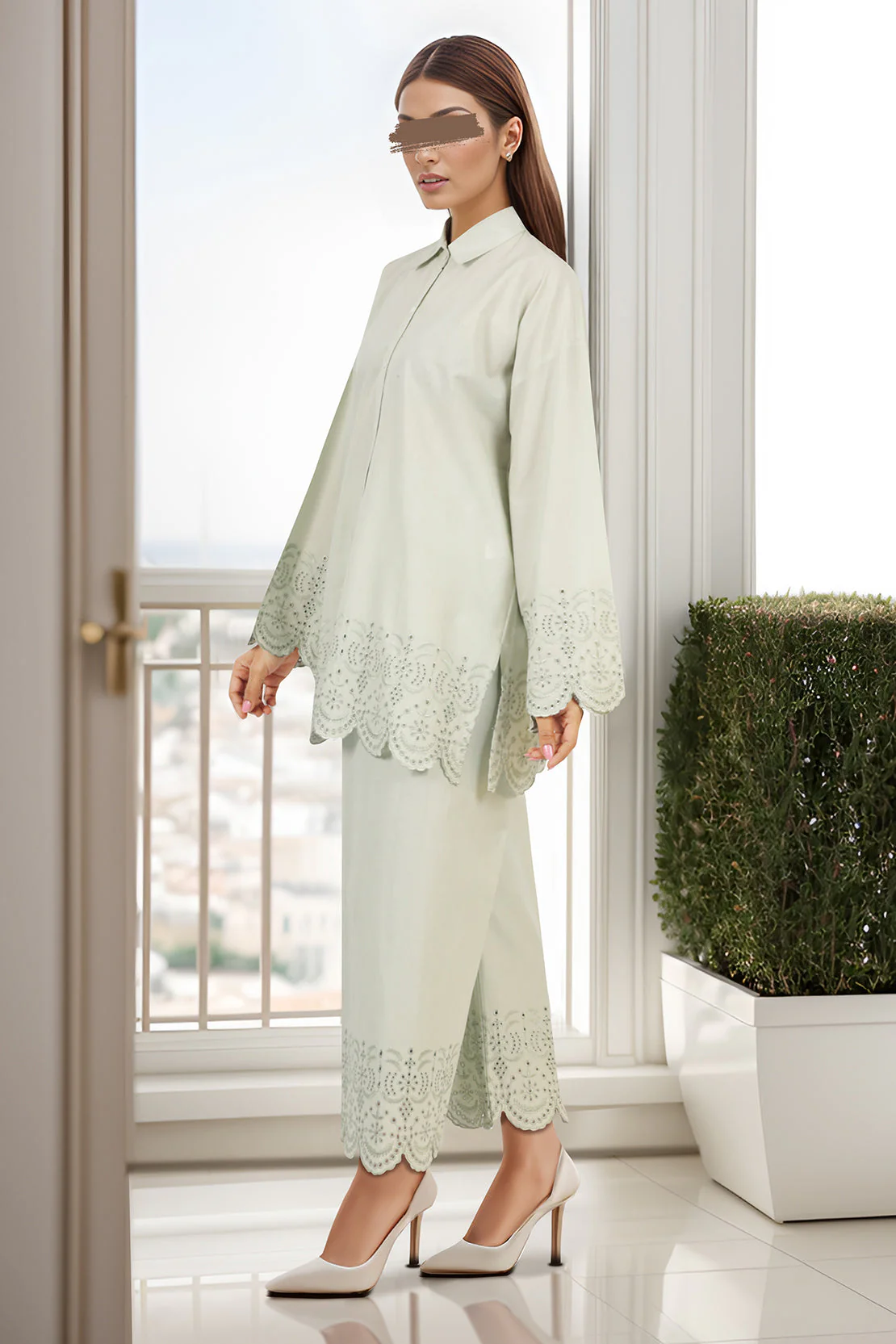 Solid Embroidered Cotton Stitched 2 Piece (Shirt/Trouser) - Image 3