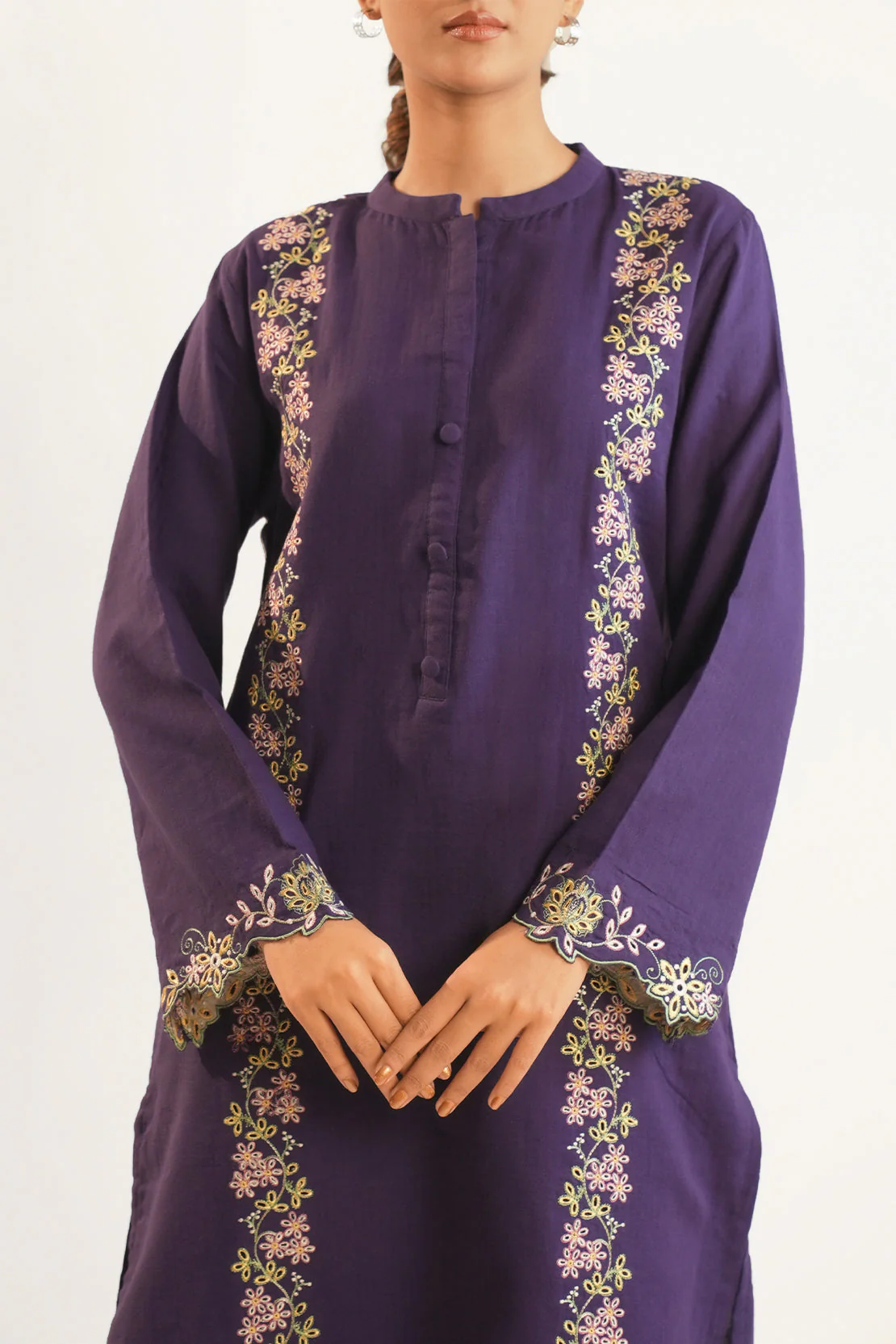 Solid Embroidered Cotton Stitched 2 Piece (Shirt/Trouser) - Image 3