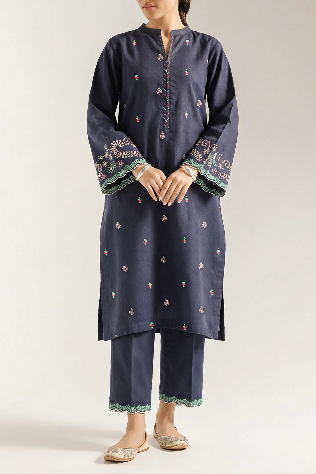 Solid Embroidered Cotton Stitched 2 Piece (Shirt/Trouser)