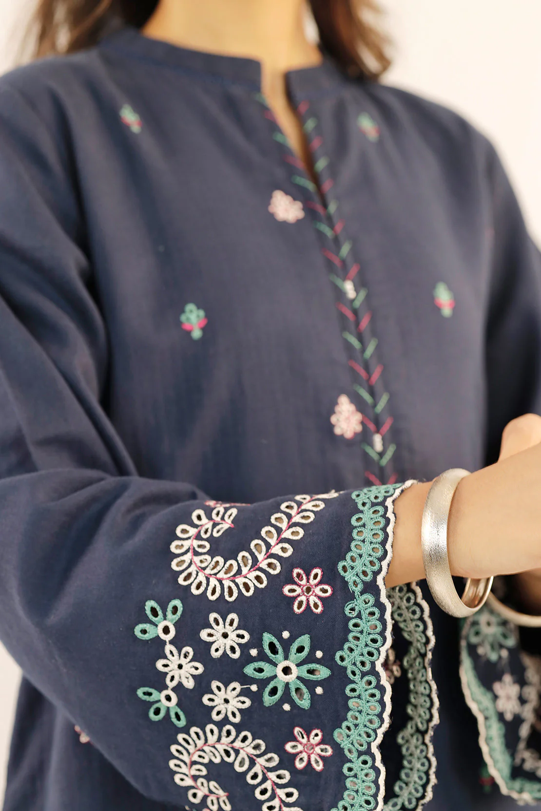 Solid Embroidered Cotton Stitched 2 Piece (Shirt/Trouser) - Image 4