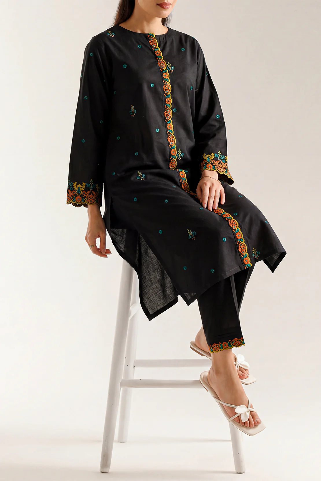Solid Embroidered Cotton Stitched 2 Piece (Shirt/Trouser)