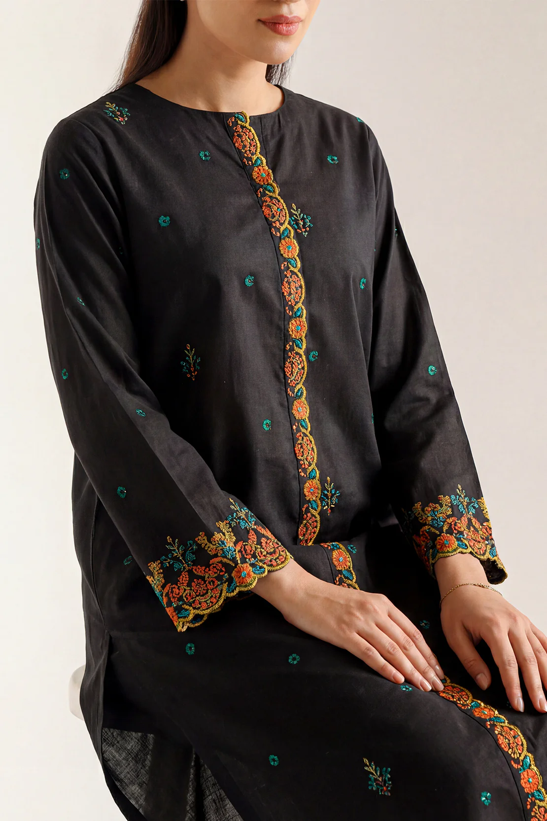 Solid Embroidered Cotton Stitched 2 Piece (Shirt/Trouser) - Image 2
