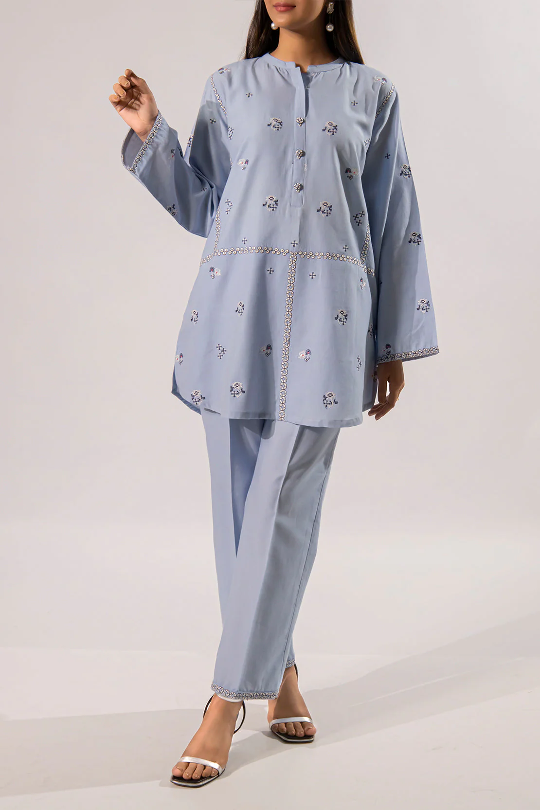 Solid Embroidered Cotton Stitched 2 Piece (Shirt/Trouser) - Image 2