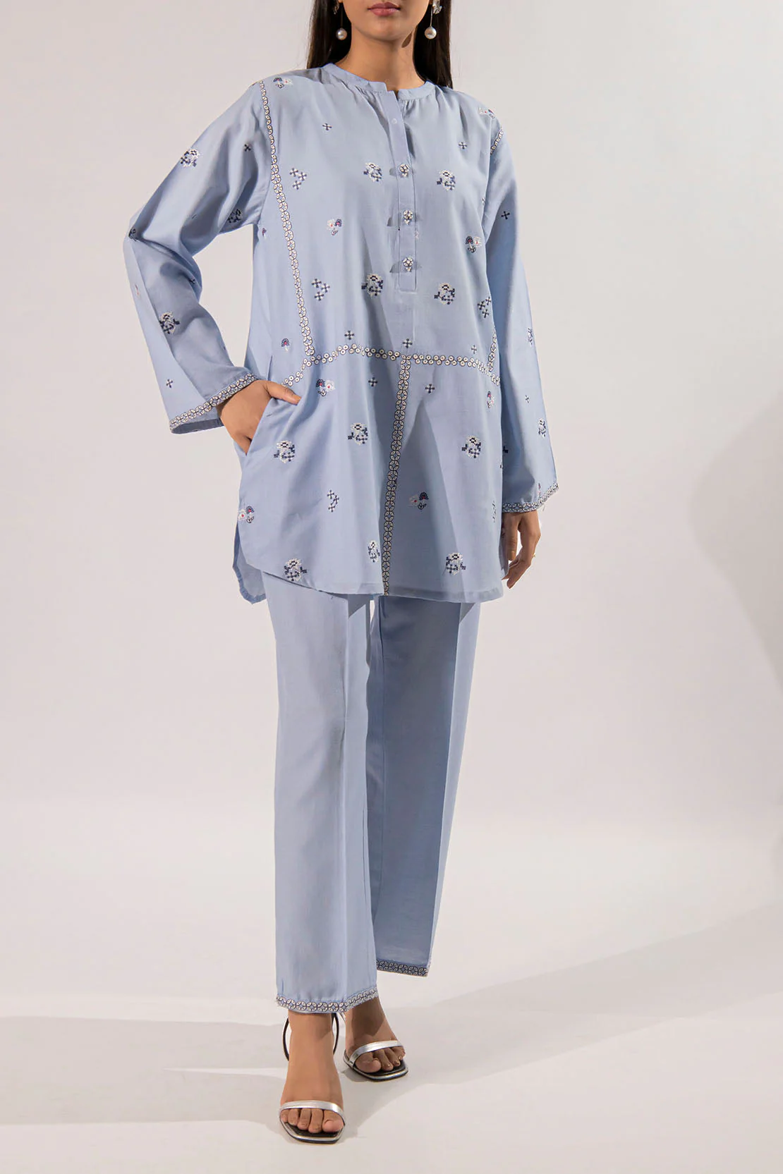 Solid Embroidered Cotton Stitched 2 Piece (Shirt/Trouser) - Image 3