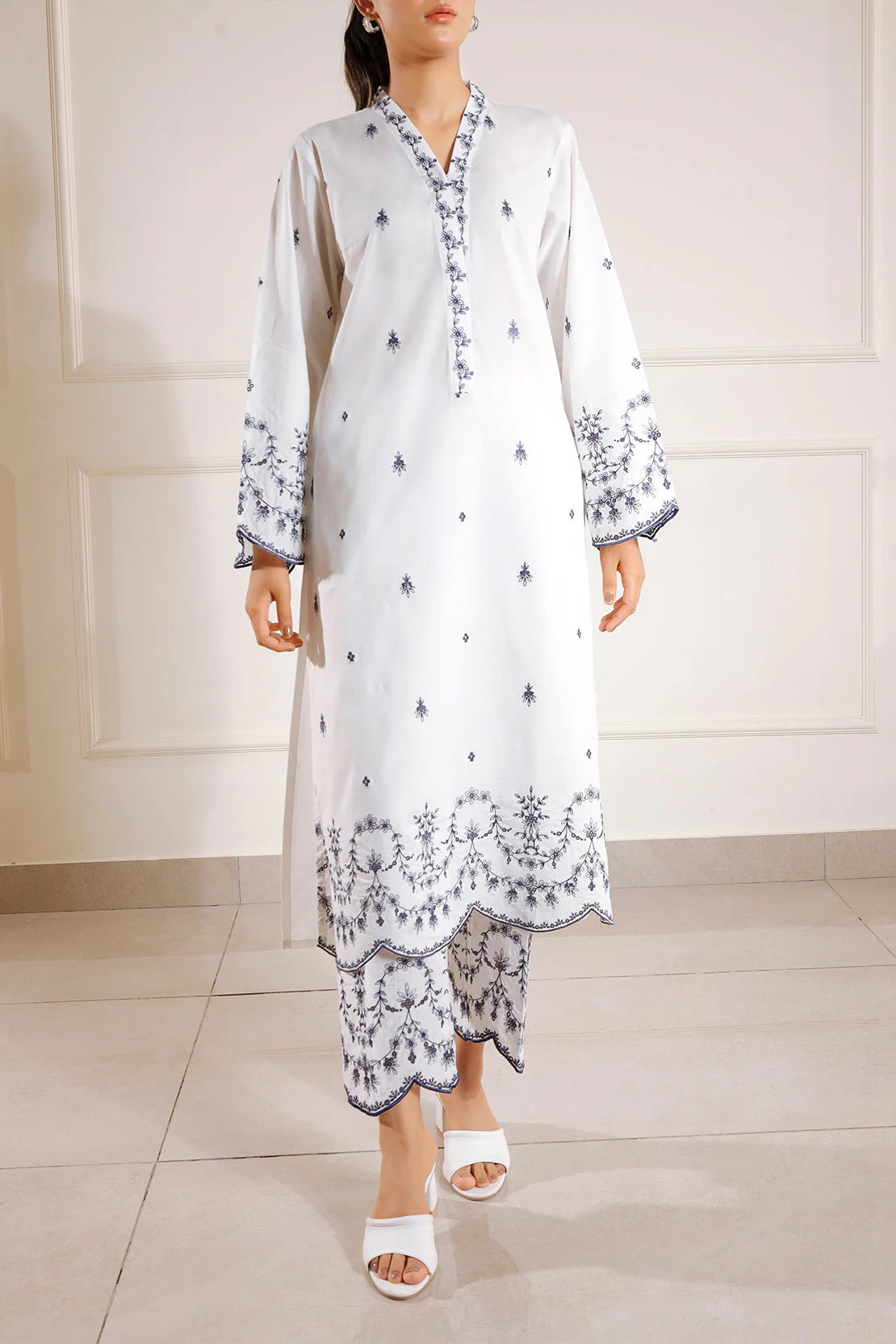 Solid Embroidered Cotton Stitched 2 Piece (Shirt/Trouser) - Image 2