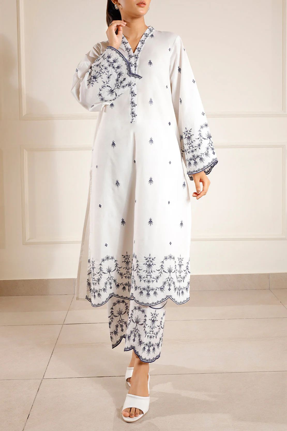 Solid Embroidered Cotton Stitched 2 Piece (Shirt/Trouser) - Image 3