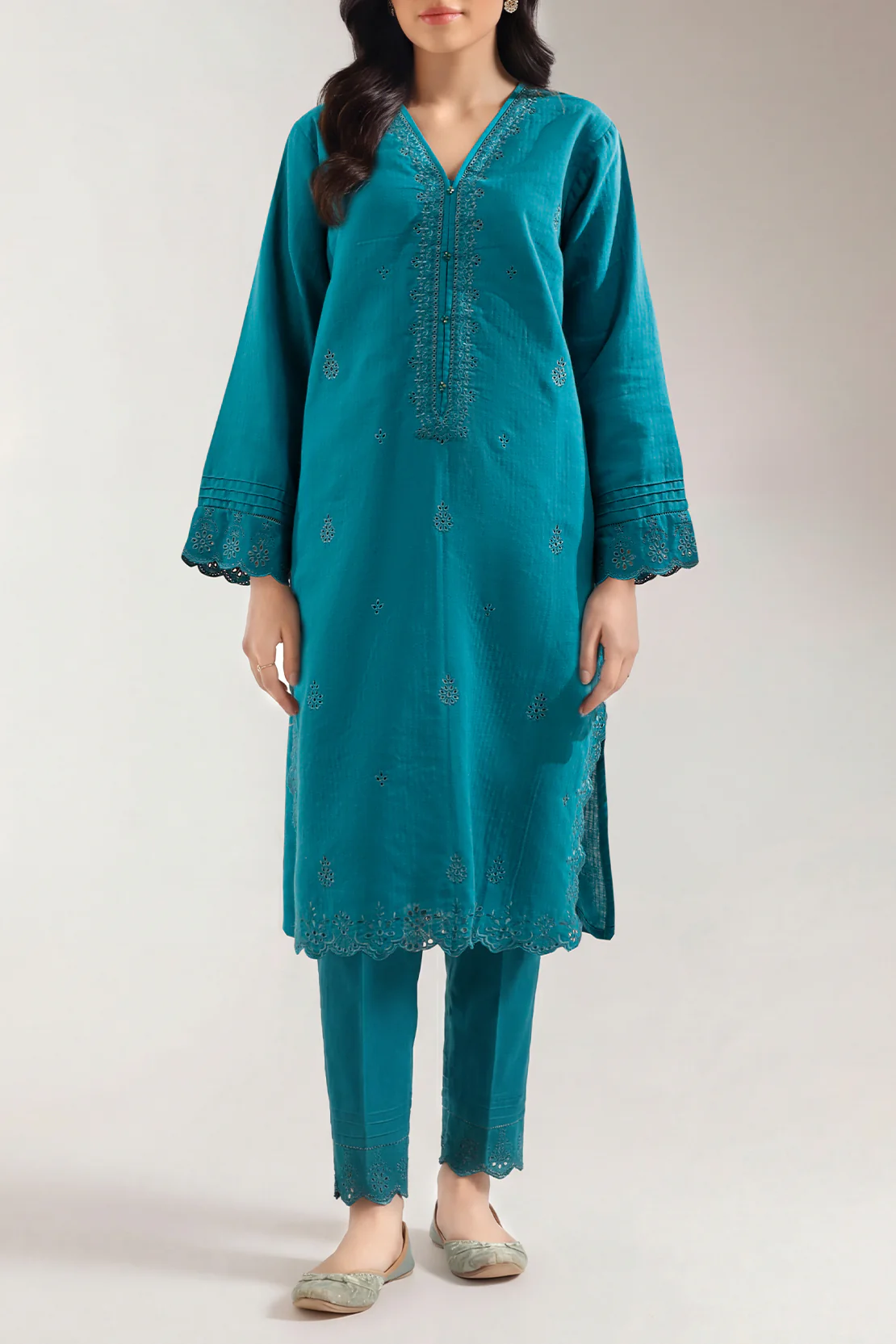 Solid Embroidered Cotton Stitched 2 Piece (Shirt/Trouser)