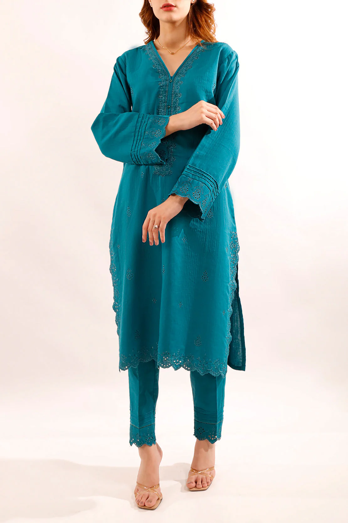 Solid Embroidered Cotton Stitched 2 Piece (Shirt/Trouser) - Image 3