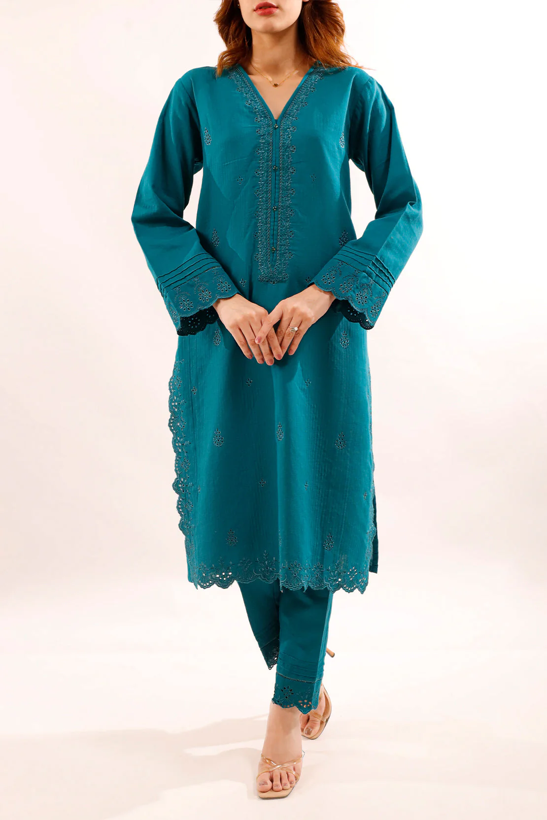 Solid Embroidered Cotton Stitched 2 Piece (Shirt/Trouser) - Image 5