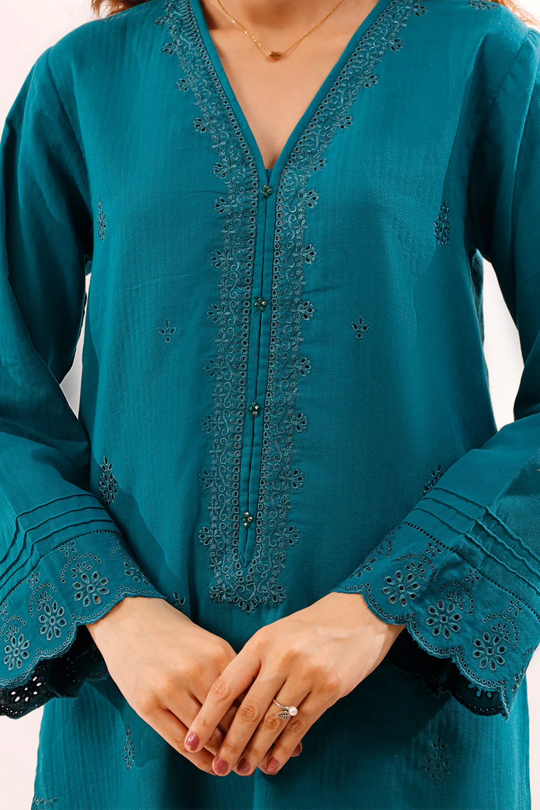 Solid Embroidered Cotton Stitched 2 Piece (Shirt/Trouser) - Image 6