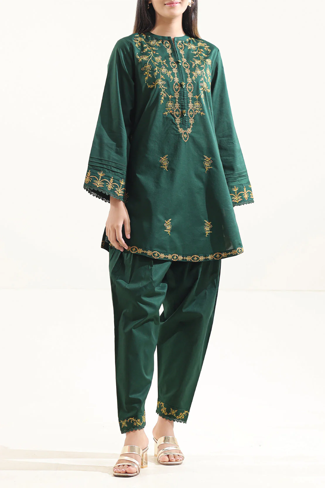 Solid Embroidered Cotton Stitched 2 Piece (Shirt/Trouser)