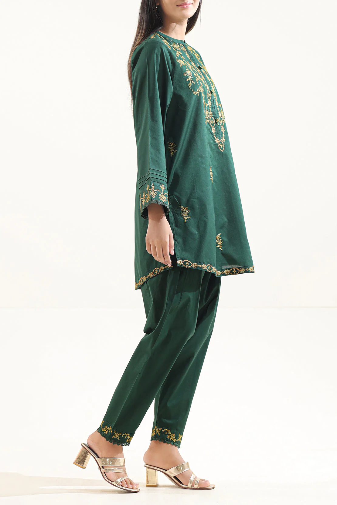 Solid Embroidered Cotton Stitched 2 Piece (Shirt/Trouser) - Image 2